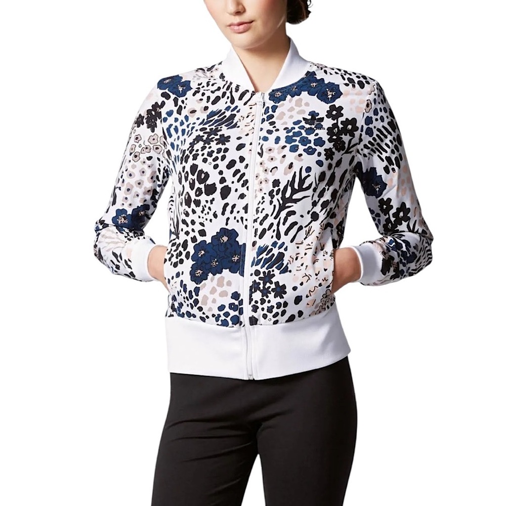 Adidas Women’s Floral Animal Print Full Zip Track Jacket White Multicolor Size M